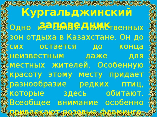 Кургальджинский заповедник Одно из самых таинственных зон отдыха в Казахстане. Он до сих остается до конца неизвестным даже для местных жителей. Особенную красоту этому месту придает разнообразие редких птиц, которые здесь обитают. Всеобщее внимание особенно привлекают розовые фламинго. Коргалжын был номинирован в список Всемирного природного наследия ЮНЕСКО