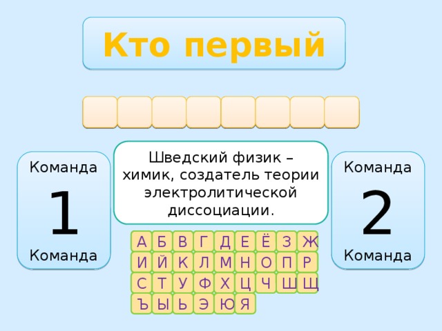 Кто первый А С У И Н Е Р Р Шведский физик – химик, создатель теории электролитической диссоциации. Команда Команда 2 1 Команда Команда А Е Ж З Ё Е Д Г В Б А Н О П М Л Р К И Н И Й Р С У Т Щ Ш Ч Ц Х Ф У С Ъ Ь Я Ю Э Ы