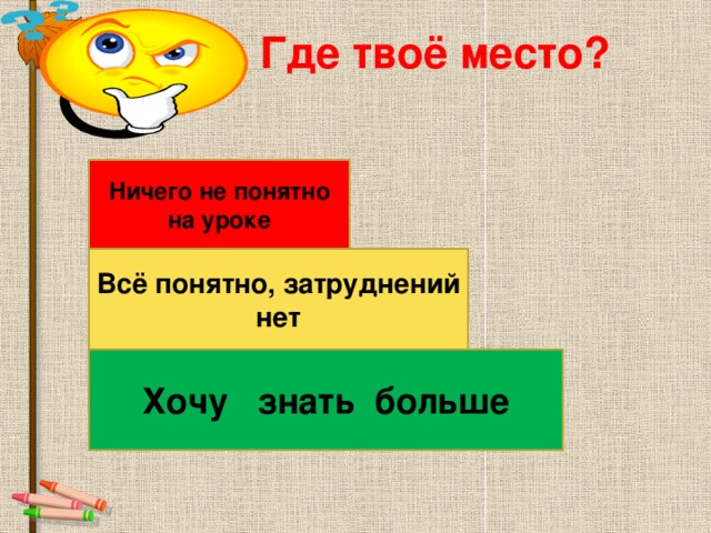 Где твоё место? Ничего не понятно на уроке Всё понятно, затруднений нет Хочу знать больше