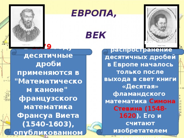 ЕВРОПА, XVI век В 1579 году десятичные дроби применяются в 