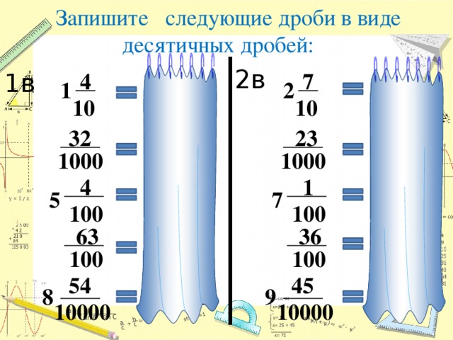 Запишите следующие дроби в виде десятичных дробей:                         2в 1в 7 4 2,7 1,4 1 2 10 10 23 32 0,032 0,023 1000 1000 1 4 5,04 7,01 7 5 100 100 36 63 0,36 0,63 100 100 54 45 9 9,0045 8,0054 8 10000 10000