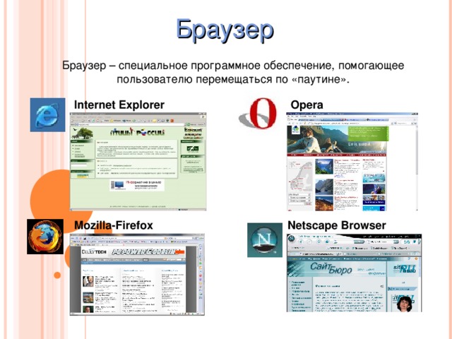 Браузер Браузер – специальное программное обеспечение, помогающее пользователю перемещаться по «паутине». Internet Explorer Opera Netscape Browser M ozilla- F irefox