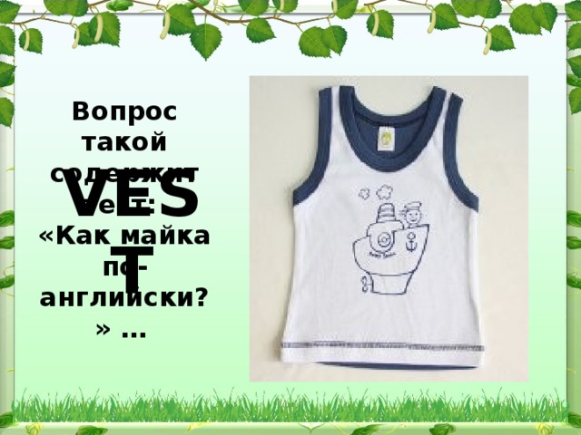 Вопрос такой содержит тест:  «Как майка по-английски?» … VEST