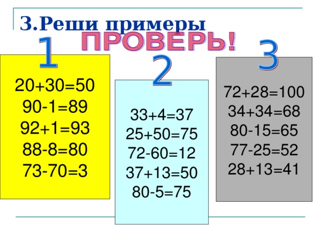 3.Реши примеры 20+30=50 90-1=89 92+1=93 88-8=80 73-70=3 72+28=100 34+34=68 80-15=65 77-25=52 28+13=41 33+4=37 25+50=75 72-60=12 37+13=50 80-5=75