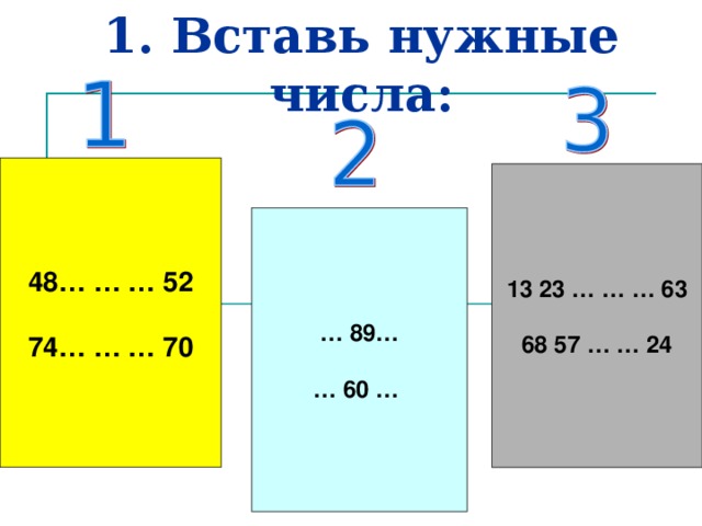 1. Вставь нужные числа: 48… … … 52  74… … … 70 13 23 … … … 63  68 57 … … 24 … 89…  … 60 …