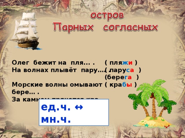 Олег бежит на пля... . На волнах плывёт пару…. . Морские волны омывают бере… . За камнем прячется кра… . ( пля ж и ) ( пару с а ) (бере г а ) ( кра б ы ) ед.ч. ↔ мн.ч.