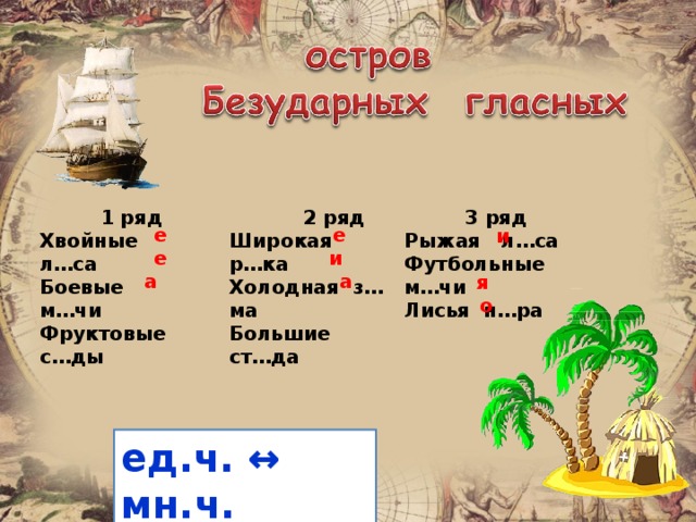 1 ряд Хвойные л…са Боевые м…чи Фруктовые с…ды  3 ряд Рыжая л…са Футбольные м…чи Лисья н…ра  2 ряд Широкая р…ка Холодная з…ма Большие ст…да  е  и  а  е  е а  и  я  о ед.ч. ↔ мн.ч.