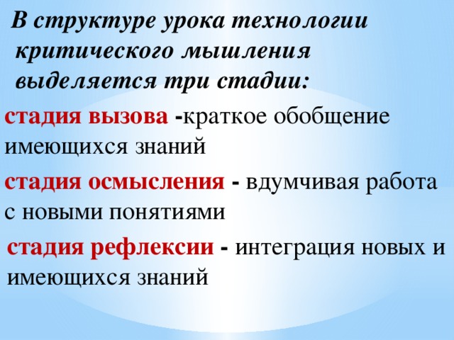 В структуре урока технологии критического мышления выделяется три стадии: стадия вызова - краткое обобщение имеющихся знаний стадия осмысления - вдумчивая работа с новыми понятиями стадия рефлексии -  интеграция новых и имеющихся знаний