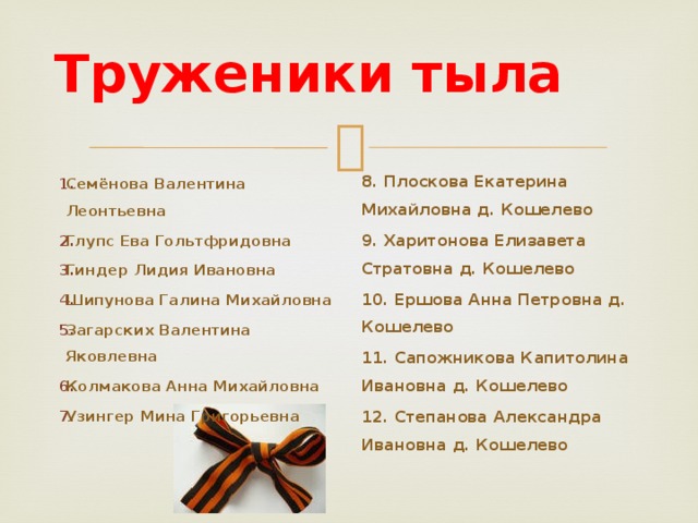 Труженики тыла 8. Плоскова Екатерина Михайловна д. Кошелево 9. Харитонова Елизавета Стратовна д. Кошелево 10. Ершова Анна Петровна д. Кошелево 11. Сапожникова Капитолина Ивановна д. Кошелево 12. Степанова Александра Ивановна д. Кошелево