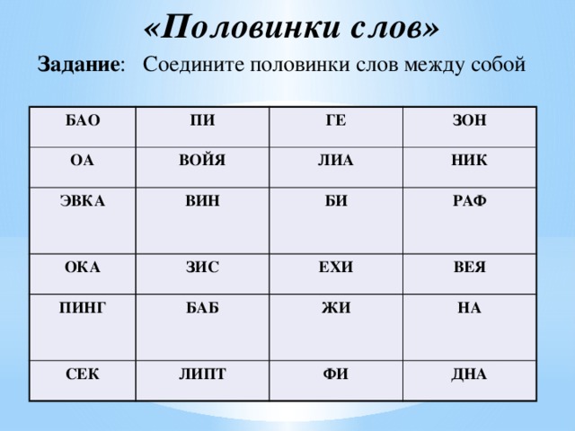 «Половинки слов»  Задание : Соедините половинки слов между собой          БАО ПИ ОА ВОЙЯ ГЕ ЭВКА ЗОН ЛИА ВИН ОКА ЗИС НИК БИ ПИНГ СЕК БАБ РАФ ЕХИ ВЕЯ ЛИПТ ЖИ НА ФИ ДНА