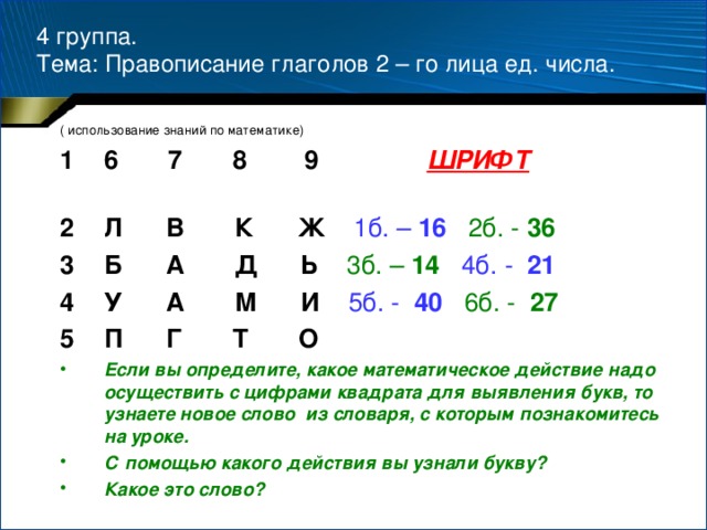 4 группа.  Тема: Правописание глаголов 2 – го лица ед. числа. ( использование знаний по математике)