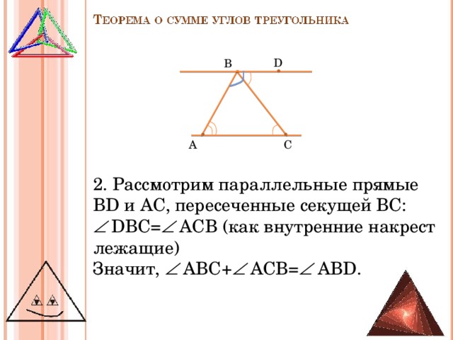 D В С A 2. Рассмотрим параллельные прямые BD и AC , пересеченные секущей BC :   DBC=   ACB (как внутренние накрест лежащие) Значит,   ABC+   ACB=   А BD.