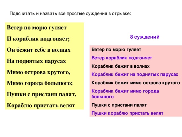 Подсчитать и назвать все простые суждения в отрывке: Ветер по морю гуляет И кораблик подгоняет; Он бежит себе в волнах На поднятых парусах Мимо острова крутого, Мимо города большого; Пушки с пристани палят, Кораблю пристать велят 8 суждений Ветер по морю гуляет Ветер кораблик подгоняет Кораблик бежит в волнах Кораблик бежит на поднятых парусах Кораблик бежит мимо острова крутого Кораблик бежит мимо города большого Пушки с пристани палят Пушки кораблю пристать велят