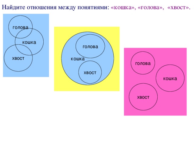 Найдите отношения между понятиями: «кошка», «голова», «хвост». голова кошка кошка голова хвост голова хвост кошка хвост