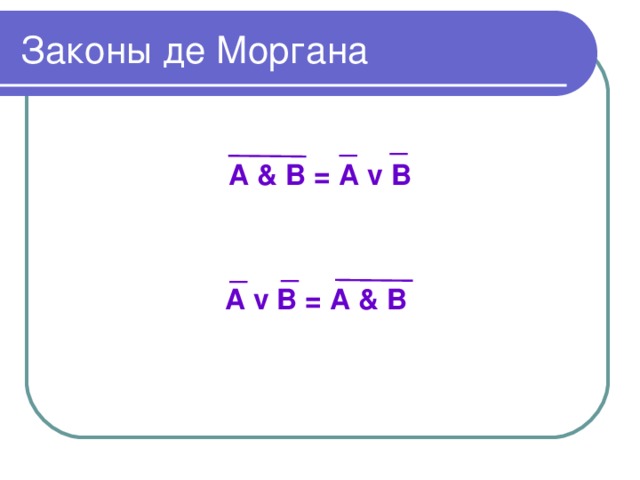 Законы де Моргана  А & В = А v В   А v В = А & В