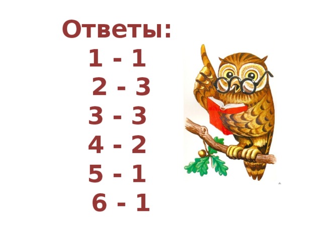 Ответы: 1 - 1 2 - 3 3 - 3 4 - 2 5 - 1 6 - 1