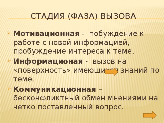 Стадия (фаза) вызова Мотивационная - побуждение к работе с новой информацией, пробуждение интереса к теме. Информационая - вызов на «поверхность» имеющихся знаний по теме. Коммуникационная – бесконфликтный обмен мнениями на четко поставленный вопрос.