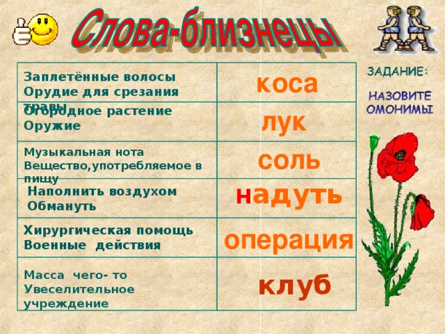 коса Заплетённые волосы Орудие для срезания травы Огородное растение Оружие лук соль Музыкальная нота Вещество,употребляемое в пищу н адуть Наполнить воздухом Обмануть операция Хирургическая помощь Военные действия Масса чего- то Увеселительное учреждение  клуб