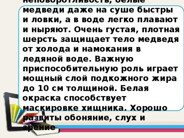 Несмотря на кажущуюся неповоротливость, белые медведи даже на суше быстры и ловки, а в воде легко плавают и ныряют. Очень густая, плотная шерсть защищает тело медведя от холода и намокания в ледяной воде. Важную приспособительную роль играет мощный слой подкожного жира до 10 см толщиной. Белая окраска способствует маскировке хищника. Хорошо развиты обоняние, слух и зрение 