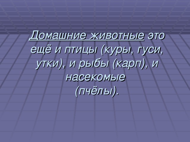 Домашние животные это ещё и птицы (куры, гуси, утки), и рыбы (карп), и насекомые  (пчёлы).