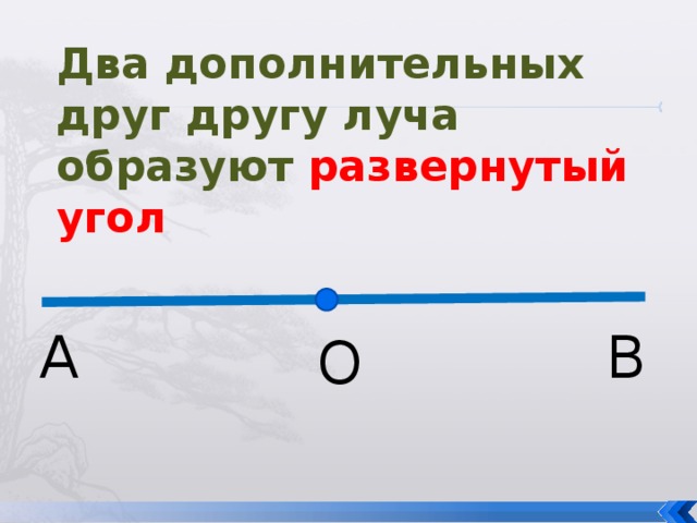 Два дополнительных друг другу луча образуют развернутый угол А В О