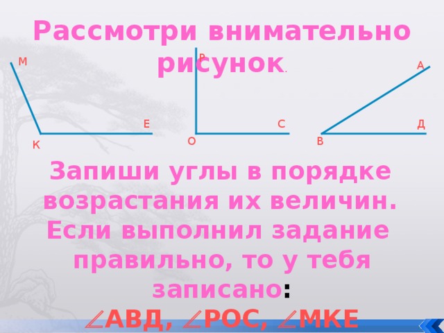 Рассмотри внимательно рисунок . Р М А С Д Е О В К Запиши углы в порядке возрастания их величин. Если выполнил задание правильно, то у тебя записано :  АВД,  РОС,  МКЕ