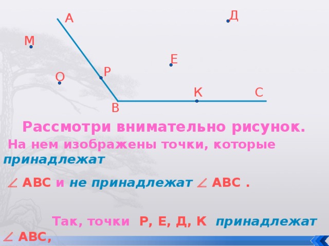 Д А М Е Р О С К В Рассмотри внимательно рисунок.  На нем изображены точки, которые  принадлежат     АВС и  не принадлежат    АВС .  Так, точки Р, Е, Д, К принадлежат    АВС, точки М, О не принадлежат    АВС ,  причём     точки Р, К лежат на сторонах    АВС.