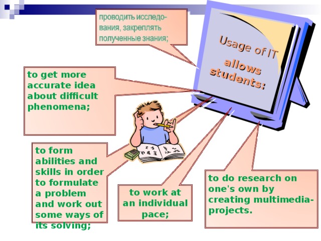 Usage of IT allows students :  to get more accurate idea about difficult phenomena ; to form abilities and skills in order to  formulate a problem and  work out some ways of its solving ; to do research on one's own by creating  multimedia - projects . to work at an individual pace ; Чернорбабова К.В.