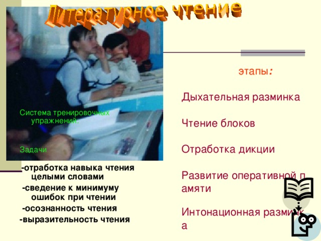 Система тренировочных упражнений: Задачи  -отработка навыка чтения целыми словами  -сведение к минимуму ошибок при чтении  -осознанность чтения -выразительность чтения   этапы : Дыхательная разминка Чтение блоков Отработка дикции Развитие оперативной памяти Интонационная разминка