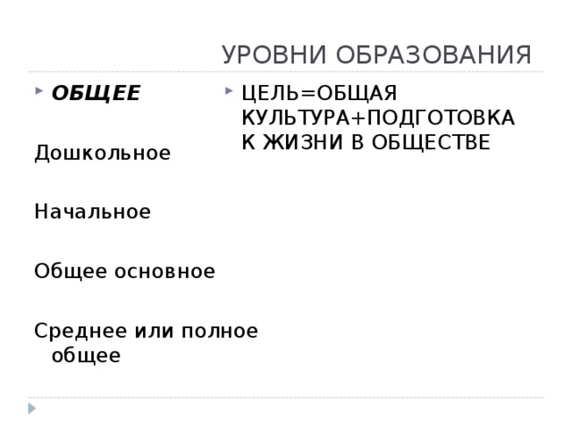 УРОВНИ ОБРАЗОВАНИЯ ЦЕЛЬ=ОБЩАЯ КУЛЬТУРА+ПОДГОТОВКА К ЖИЗНИ В ОБЩЕСТВЕ ОБЩЕЕ  Дошкольное Начальное Общее основное Среднее или полное общее