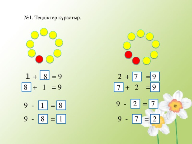 № 1. Теңдіктер құрастыр. 2 + = 1 7 9 + = 9 8  + 2 =  + 1 = 9 9 8 7 9 - =  2  7 8 9 - = 1 9 - =  8  1  2  7 9 - =