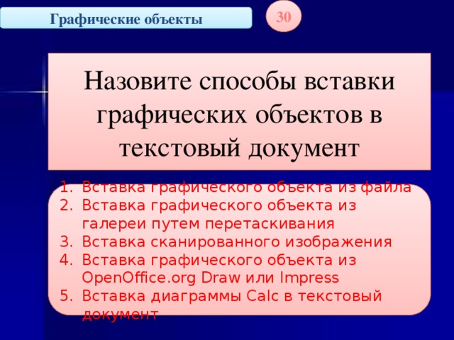 30 Графические объекты Назовите способы вставки графических объектов в текстовый документ