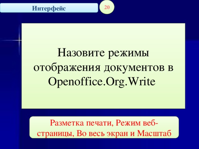 20 Интерфейс Назовите режимы отображения документов в Openoffice.Org.Write Разметка печати, Режим веб-страницы, Во весь экран и Масштаб