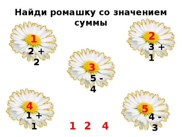 Найди ромашку со значением суммы 2 1 3 + 1 2 + 2 3 5 - 4 4 5 1 + 1 4 - 3 1 2 4