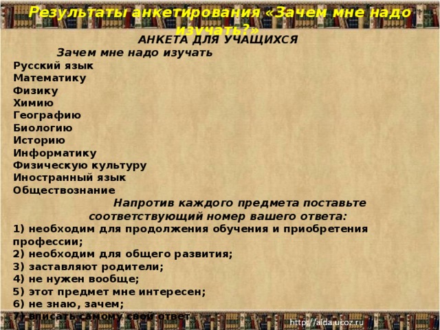 Результаты анкетирования «Зачем мне надо изучать?»  АНКЕТА ДЛЯ УЧАЩИХСЯ  Зачем мне надо изучать Русский язык Математику Физику Химию Географию Биологию Историю Информатику Физическую культуру Иностранный язык Обществознание  Напротив каждого предмета поставьте соответствующий номер вашего ответа: 1) необходим для продолжения обучения и приобретения профессии; 2) необходим для общего развития; 3) заставляют родители; 4) не нужен вообще; 5) этот предмет мне интересен; 6) не знаю, зачем; 7) вписать самому свой ответ