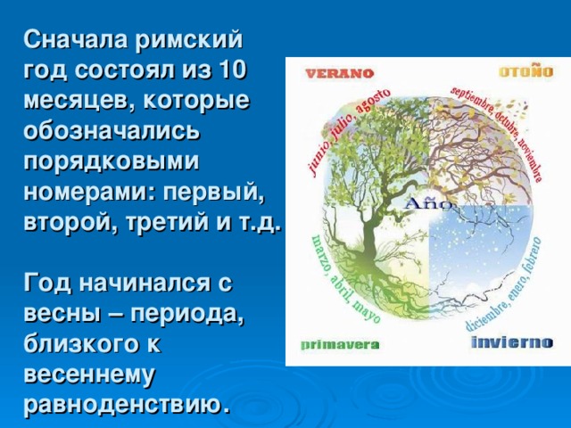 Сначала римский год состоял из 10 месяцев, которые обозначались порядковыми номерами: первый, второй, третий и т.д.  Год начинался с весны – периода, близкого к весеннему равноденствию .
