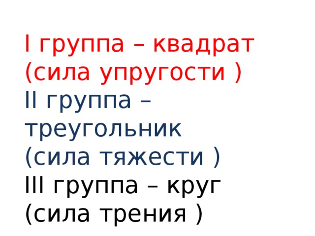 I группа – квадрат (сила упругости ) II группа – треугольник (сила тяжести ) III группа – круг (сила трения )