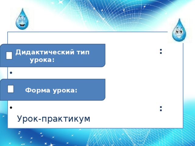 : Изучение нового  материала   : Урок-практикум    Дидактический тип урока:  Форма урока: