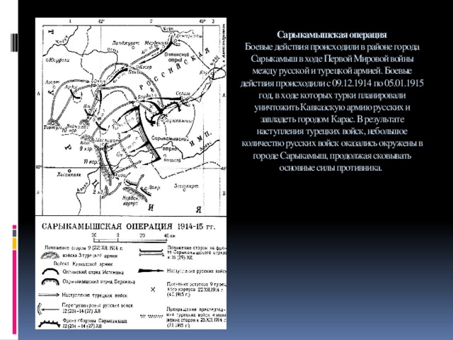 Сарыкамышская операция  Боевые действия происходили в районе города Сарыкамыш в ходе Первой Мировой войны между русской и турецкой армией. Боевые действия происходили с 09.12.1914 по 05.01.1915 год, в ходе которых турки планировали уничтожить Кавказскую армию русских и завладеть городом Карас. В результате наступления турецких войск, небольшое количество русских войск оказались окружены в городе Сарыкамыш, продолжая сковывать основные силы противника.