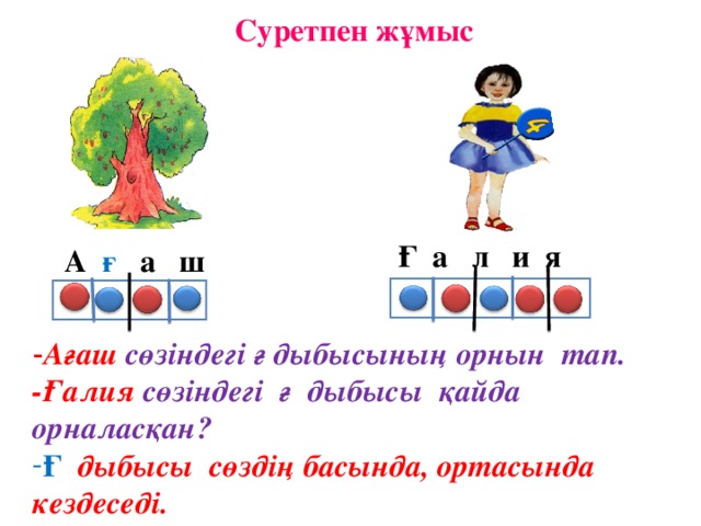 Суретпен жұмыс Ғ а л и я А ғ а ш - Ағаш сөзіндегі ғ дыбысының орнын тап. -Ғалия сөзіндегі ғ дыбысы қайда орналасқан?