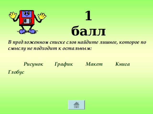 1 балл В предложенном списке слов найдите лишнее, которое по смыслу не подходит к остальным:   Рисунок         График          Макет          Книга            Глобус      