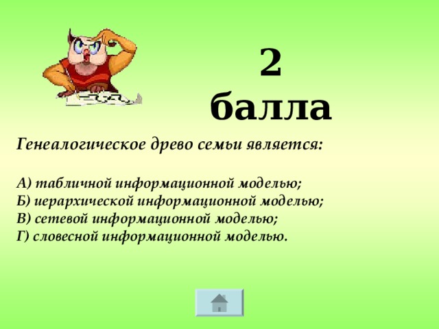 2 балла Генеалогическое древо семьи является:   А) табличной информационной моделью; Б) иерархической информационной моделью; В) сетевой информационной моделью; Г) словесной информационной моделью.