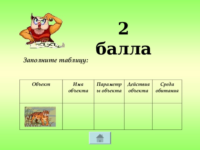 2 балла Заполните таблицу:  Объект Имя объекта Параметры объекта Действия объекта Среда обитания