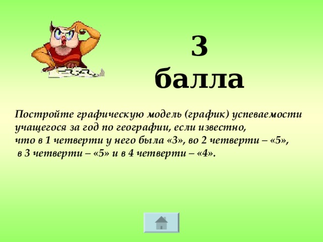 3 балла Постройте графическую модель (график) успеваемости учащегося за год по географии, если известно, что в 1 четверти у него была «3», во 2 четверти – «5»,  в 3 четверти – «5» и в 4 четверти – «4».