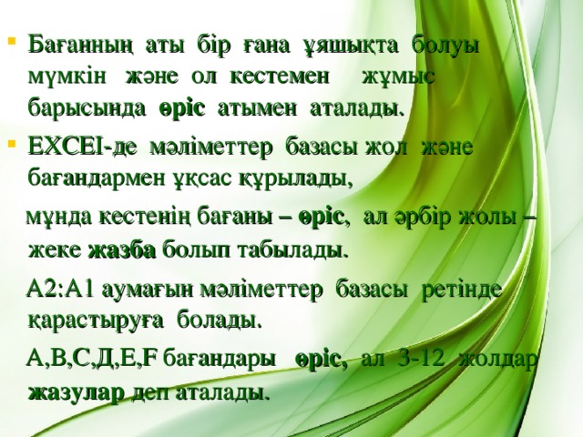 Бағанның аты бір ғана ұяшықта болуы мүмкін және ол кестемен жұмыс барысында өріс атымен аталады. ЕХСЕІ-де мәліметтер базасы жол және бағандармен ұқсас құрылады,