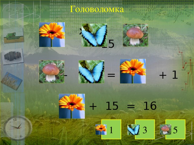 Головоломка  х х = 15  - = + 1  + 15 = 16 1 3 5