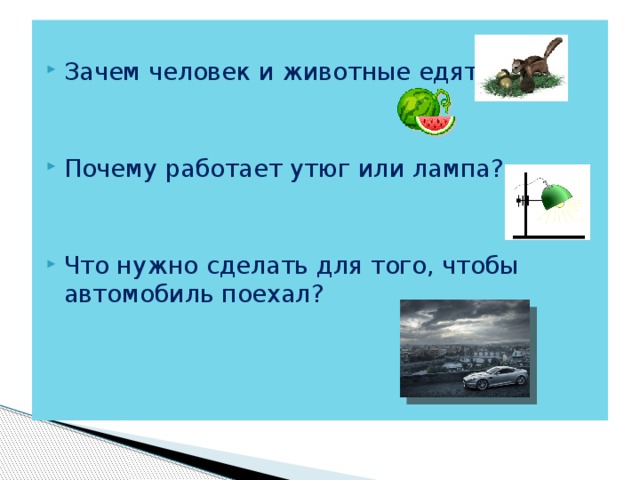 Зачем человек и животные едят? Почему работает утюг или лампа? Что нужно сделать для того, чтобы автомобиль поехал?