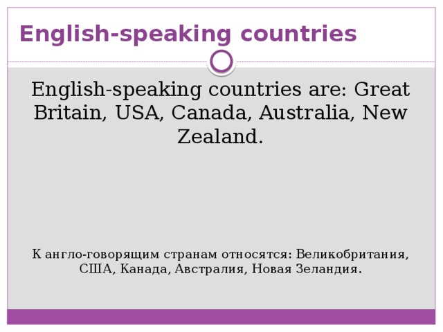 English-speaking countries English-speaking countries are: Great Britain, USA, Canada, Australia, New Zealand. К англо-говорящим странам относятся: Великобритания, США, Канада, Австралия, Новая Зеландия.