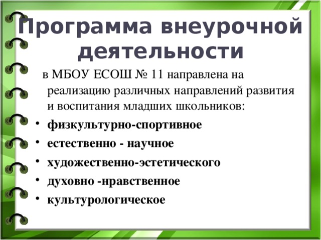 Программа внеурочной деятельности  в МБОУ ЕСОШ № 11 направлена на реализацию различных направлений развития и воспитания младших школьников: