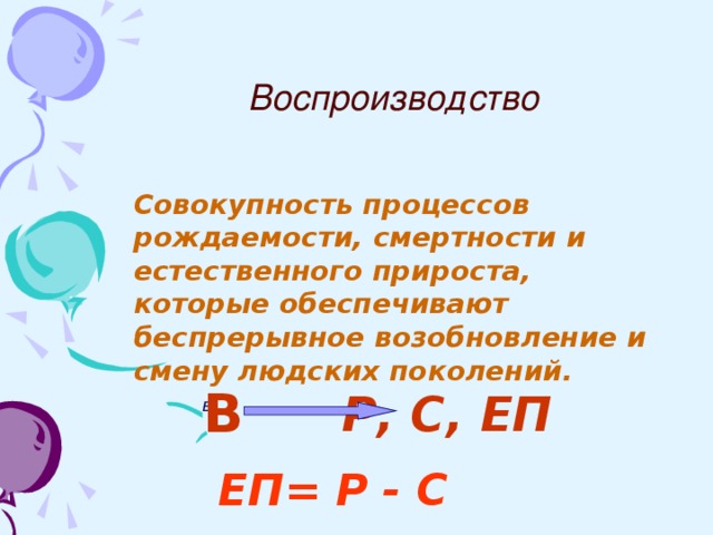 Воспроизводство Совокупность процессов рождаемости, смертности и естественного прироста, которые обеспечивают беспрерывное возобновление и смену людских поколений. В Р, С, ЕП в  ЕП= Р - С